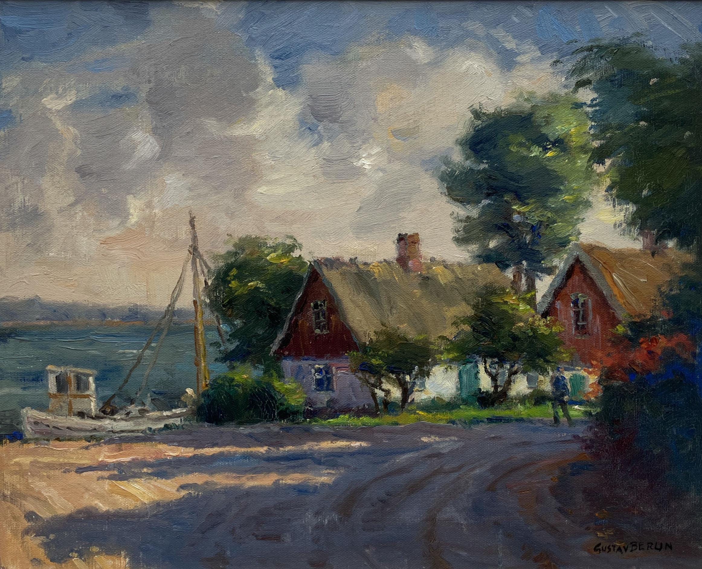 Swedish Coastal Village Oil Painting with Fishing Boat ,1970s - Image 2