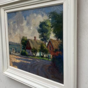 Swedish Coastal Village Oil Painting with Fishing Boat ,1970s - Image 6