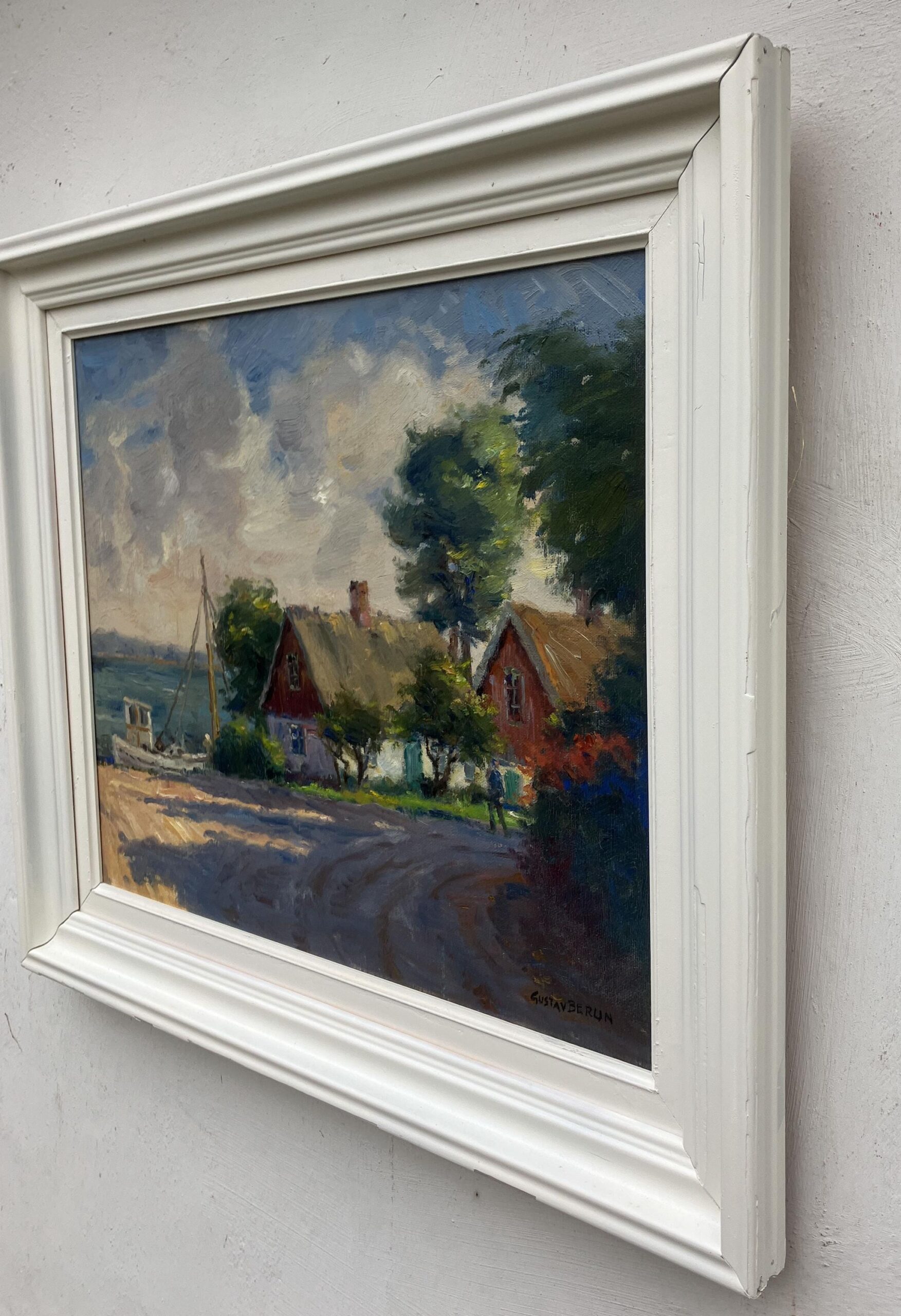 Swedish Coastal Village Oil Painting with Fishing Boat ,1970s - Image 6