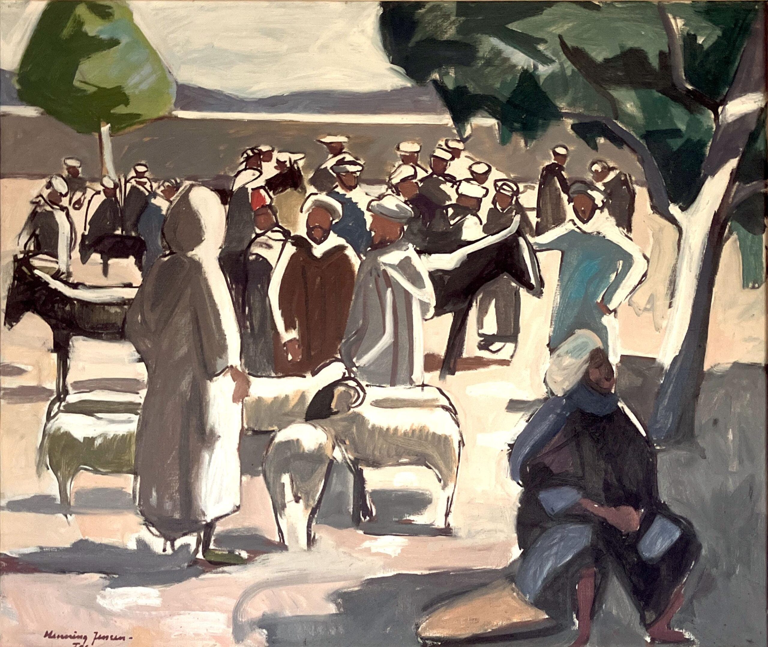 Large Moroccan Market Scene Oil Painting 1950s – Danish Figurative Art - Image 3
