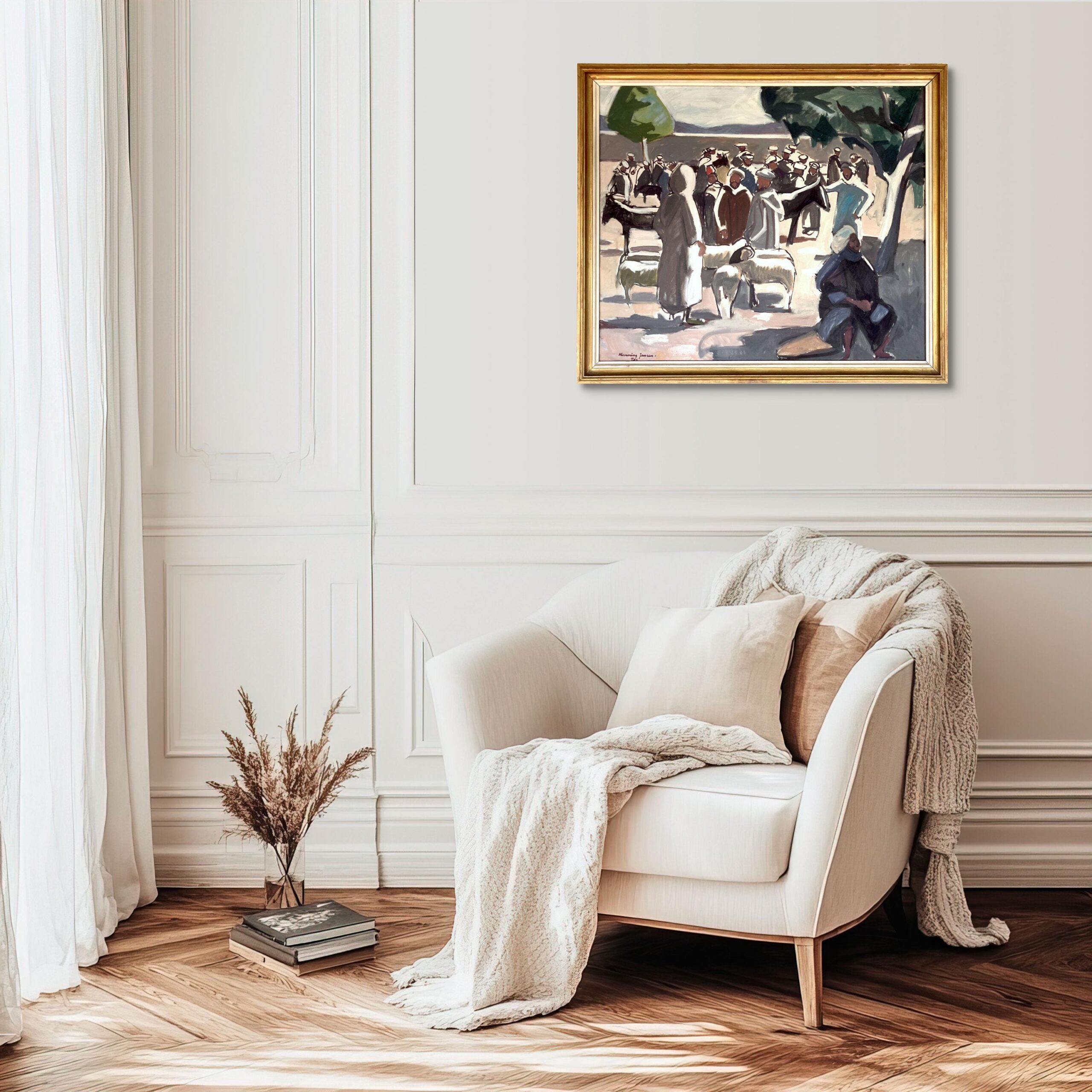 Large Moroccan Market Scene Oil Painting 1950s – Danish Figurative Art - Image 2