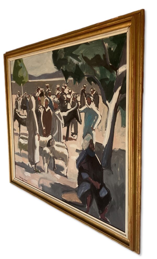 Large Moroccan Market Scene Oil Painting 1950s – Danish Figurative Art