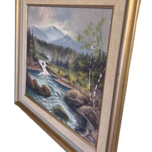 River Landscape with Waterfall, Original Oil on Canvas, Mid-20th Century - Image 8
