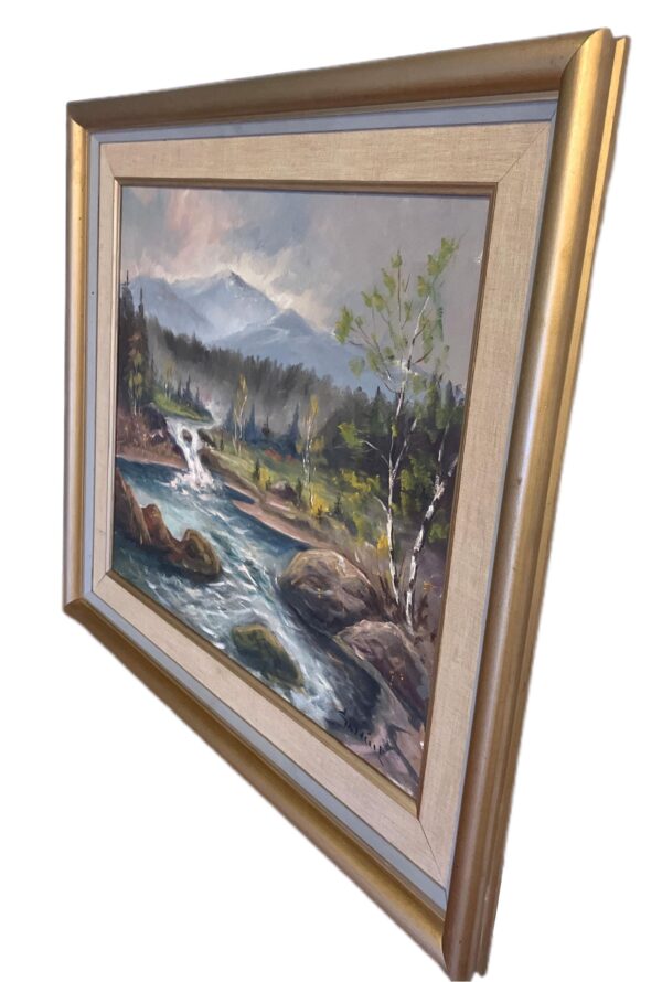 River Landscape with Waterfall, Original Oil on Canvas, Mid-20th Century