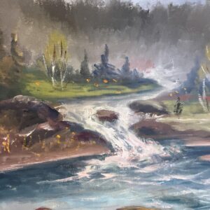 River Landscape with Waterfall, Original Oil on Canvas, Mid-20th Century - Image 4