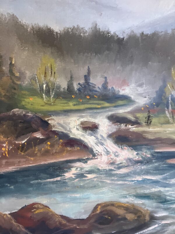 River Landscape with Waterfall, Original Oil on Canvas, Mid-20th Century