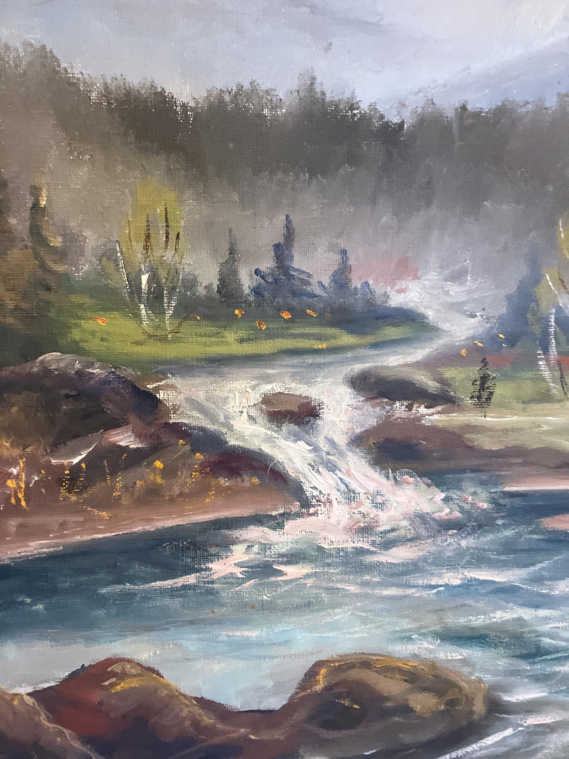 River Landscape with Waterfall, Original Oil on Canvas, Mid-20th Century - Image 4
