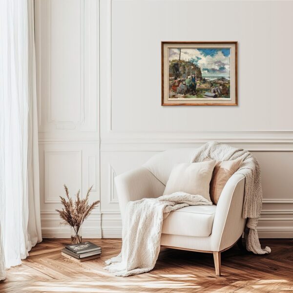 Swedish Figurative Vintage Coastal Scene with Figures – Oil on Canvas