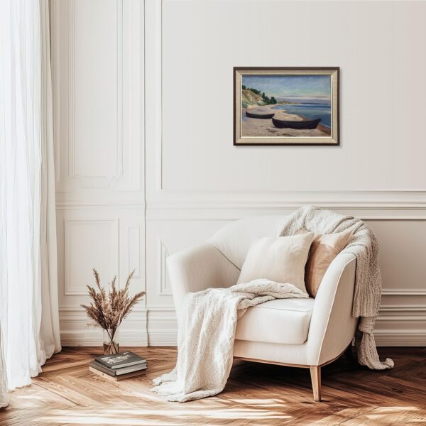 Swedish Figurative Coastal Landscape with Boats – Oil on Canvas