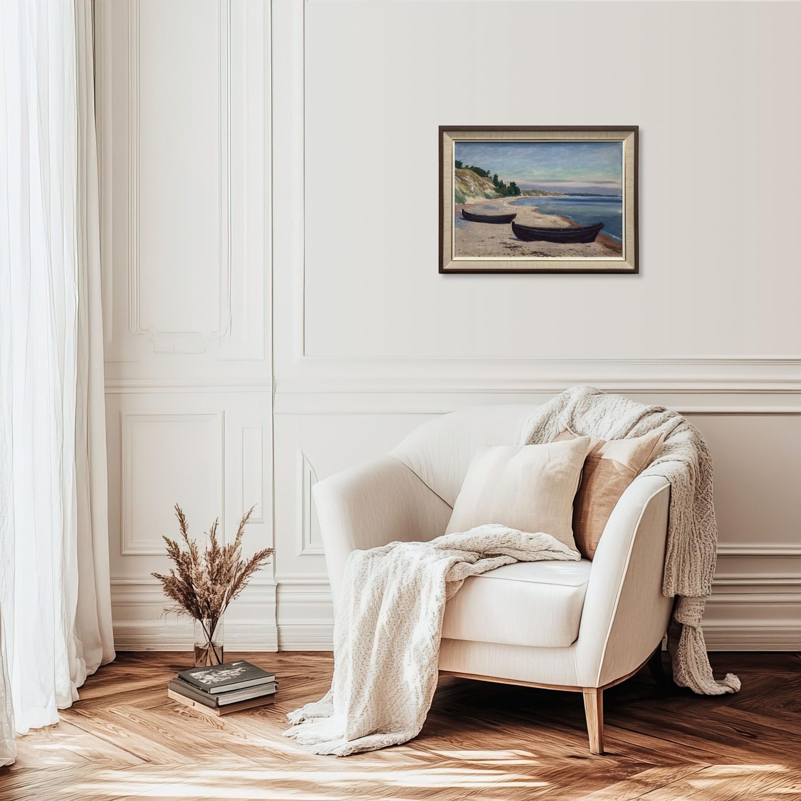 Swedish Figurative Coastal Landscape with Boats – Oil on Canvas - Image 2