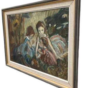 Vintage Figurative Oil Painting of Children Playing, Scandinavian Modern, - Image 5