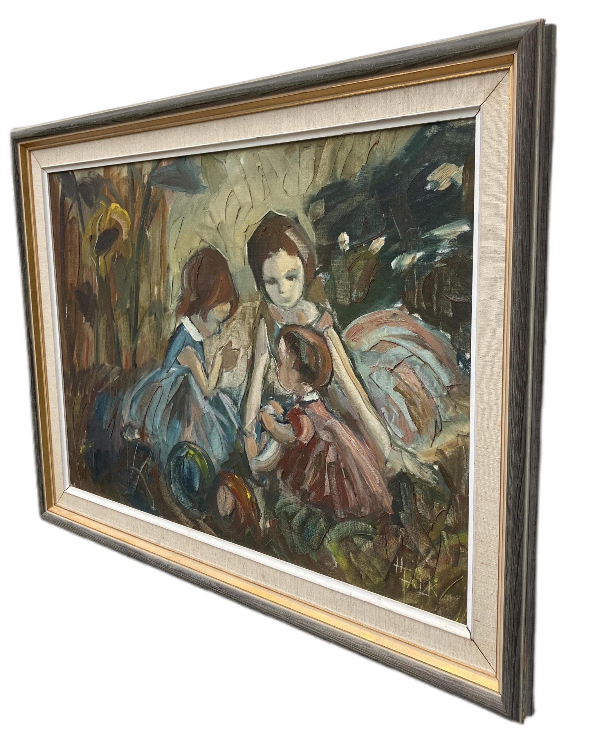 Vintage Figurative Oil Painting of Children Playing, Scandinavian Modern, - Image 5