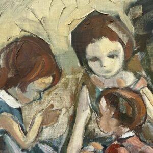Vintage Figurative Oil Painting of Children Playing, Scandinavian Modern, - Image 4