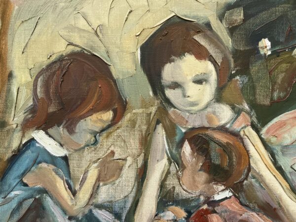 Vintage Figurative Oil Painting of Children Playing, Scandinavian Modern,
