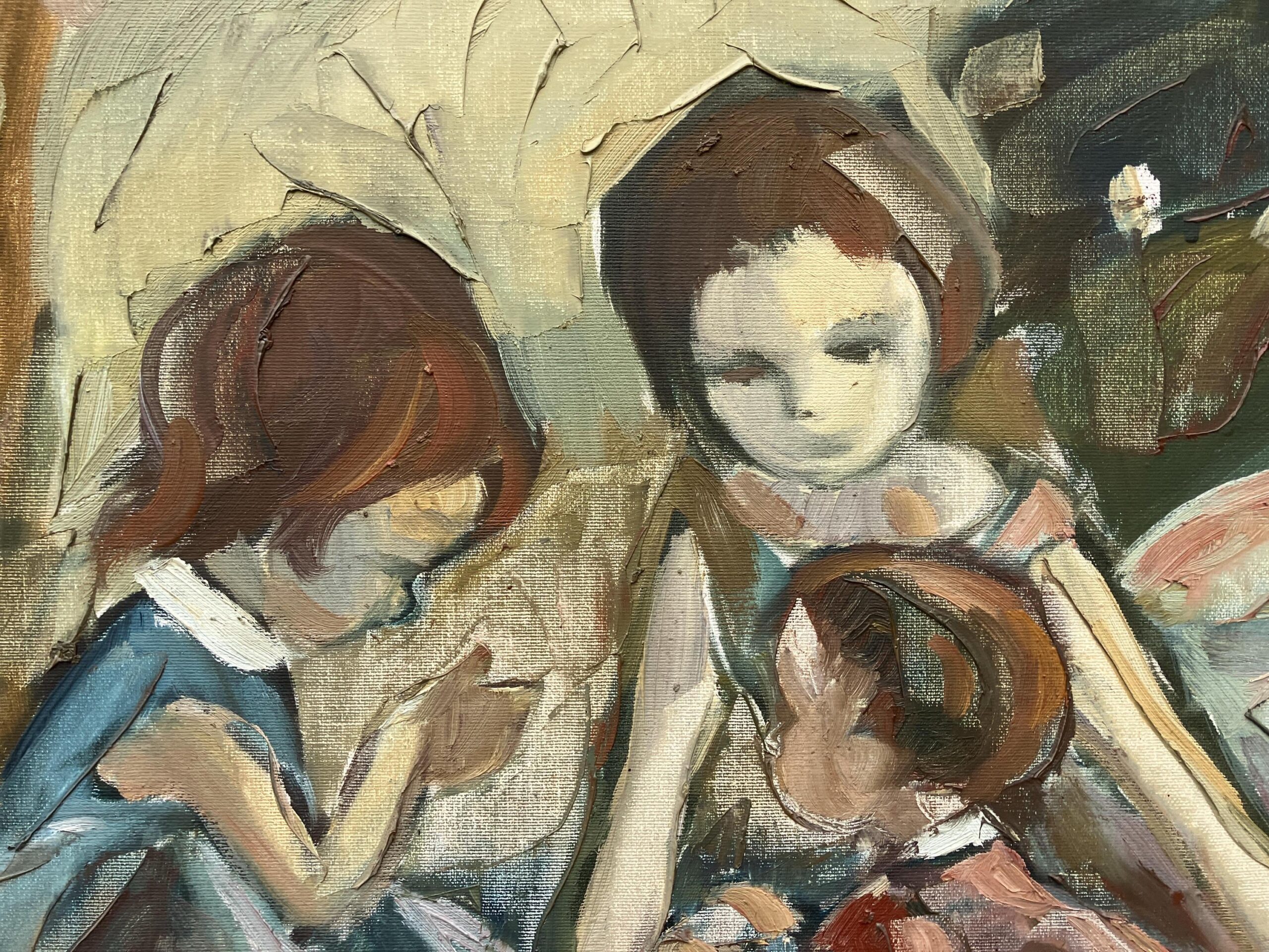 Vintage Figurative Oil Painting of Children Playing, Scandinavian Modern, - Image 4