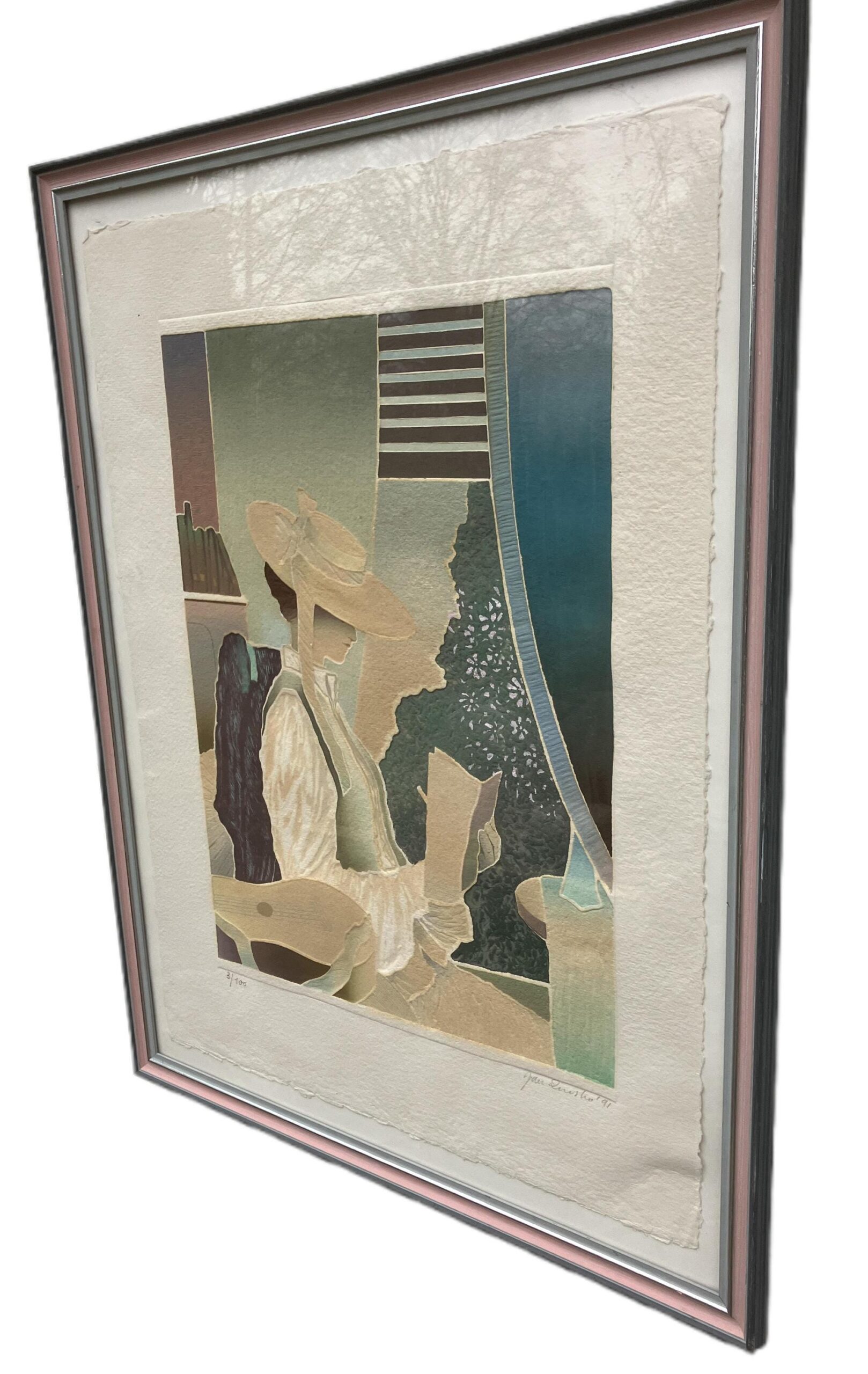 Signed Figurative Etching in Muted Colors, Woman in Hat Interior Scene, 1991 Print - Image 10