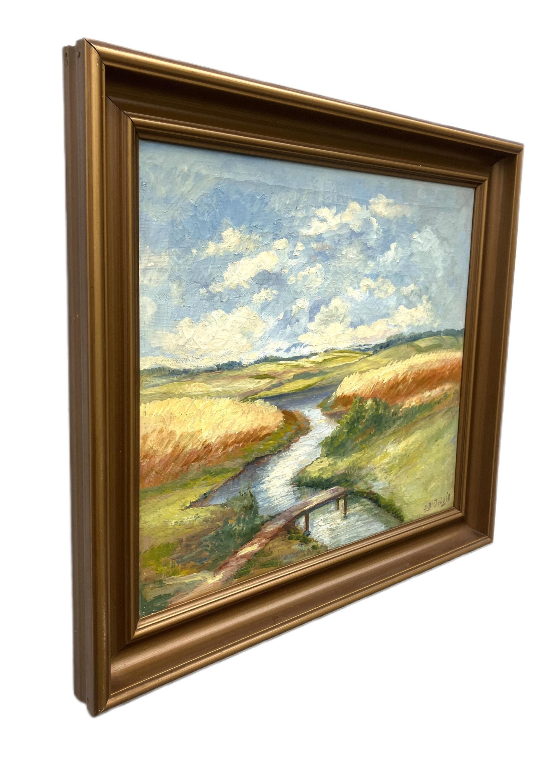 Danish Landscape Oil Painting with River and Bridge, 1950s Scandinavian Wall Art - Image 4