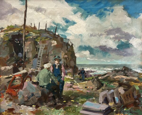 Swedish Figurative Vintage Coastal Scene with Figures – Oil on Canvas