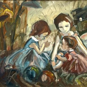Vintage Figurative Oil Painting of Children Playing, Scandinavian Modern, - Image 3
