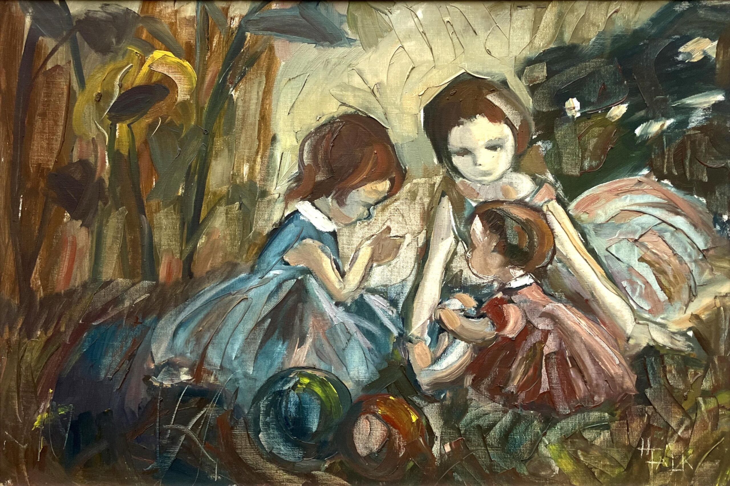 Vintage Figurative Oil Painting of Children Playing, Scandinavian Modern, - Image 3