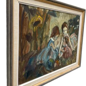Vintage Figurative Oil Painting of Children Playing, Scandinavian Modern, - Image 6
