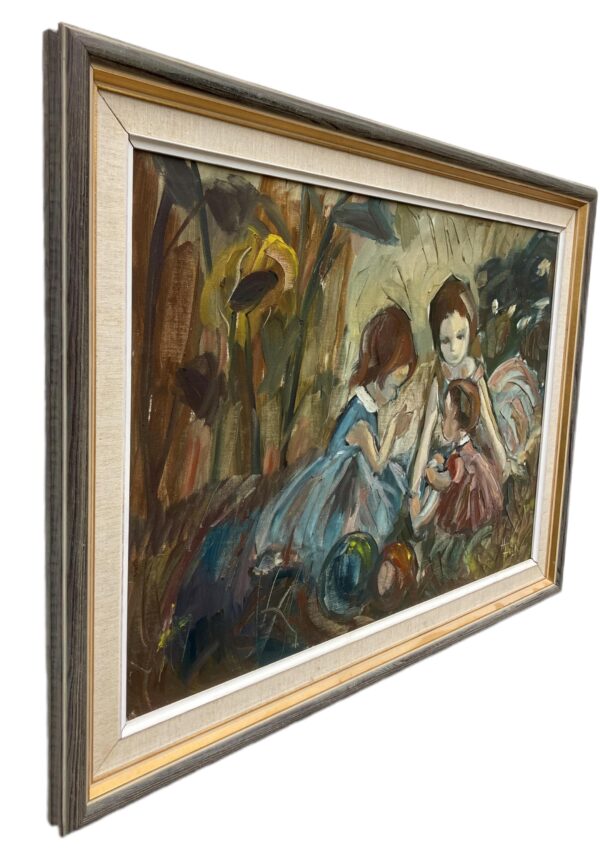 Vintage Figurative Oil Painting of Children Playing, Scandinavian Modern,