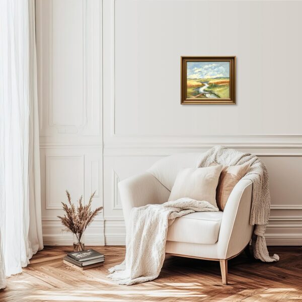 Danish Landscape Oil Painting with River and Bridge, 1950s Scandinavian Wall Art