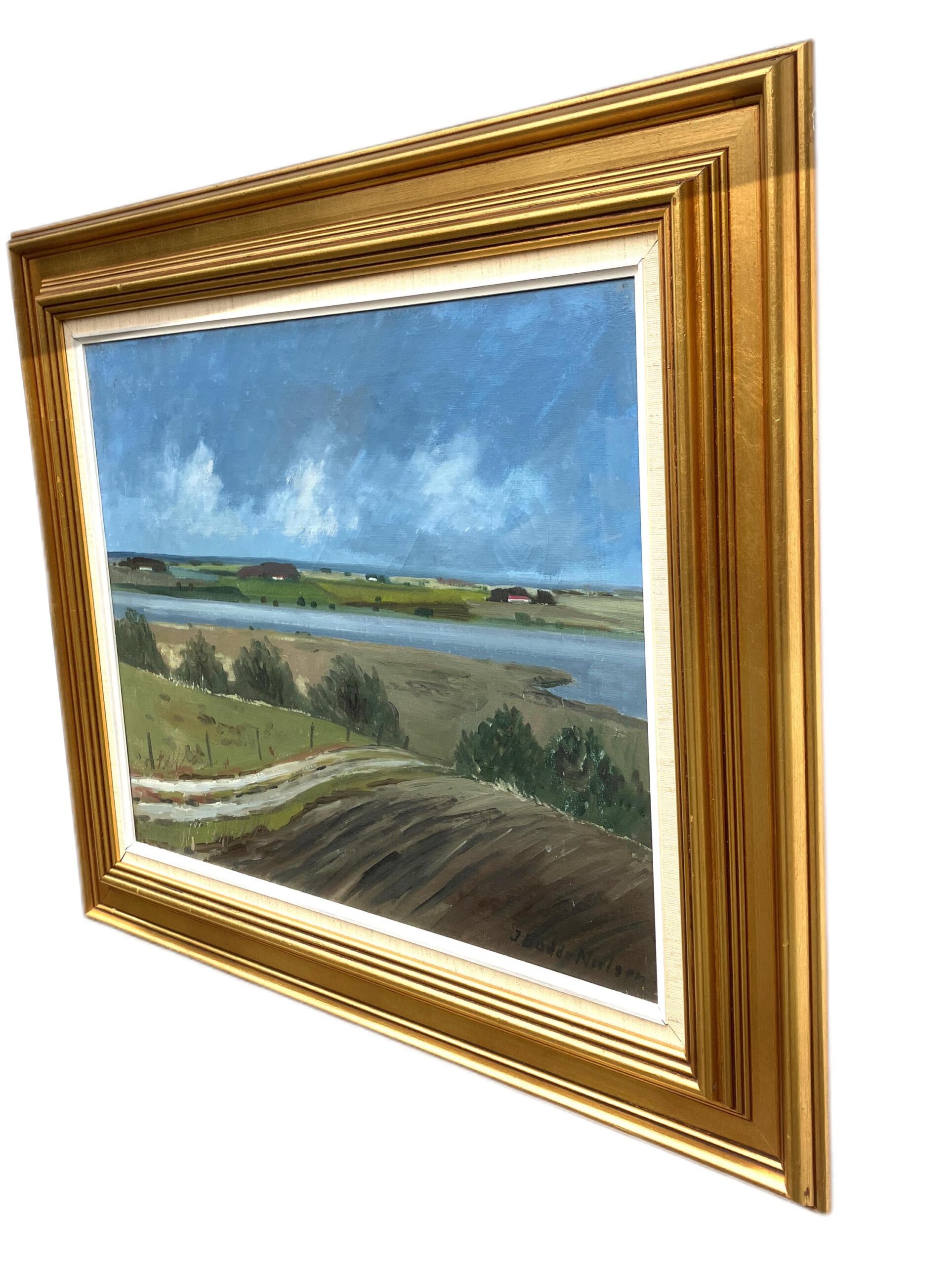 Danish Landscape Oil Painting with Lake View, 1970s Scandinavian Wall Art - Image 4