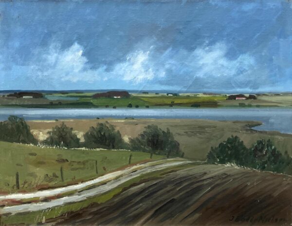 Danish Landscape Oil Painting with Lake View, 1970s Scandinavian Wall Art