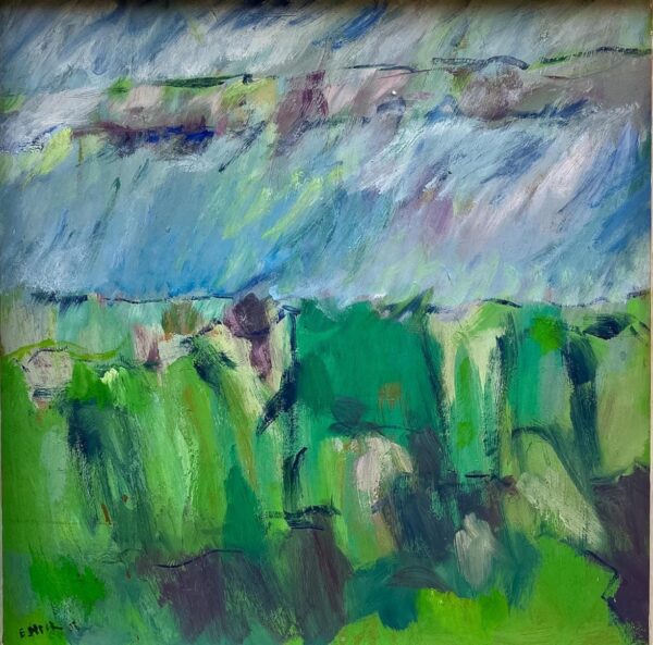 Original Danish Oil Painting – Abstract Green Marsh Landscape – Late 20th Century