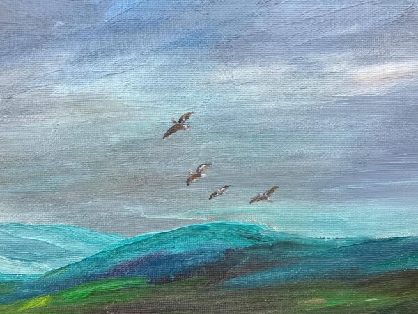 Vintage Danish Landscape Oil Painting, Birds and Dramatic Sky, Signed and dated 1969