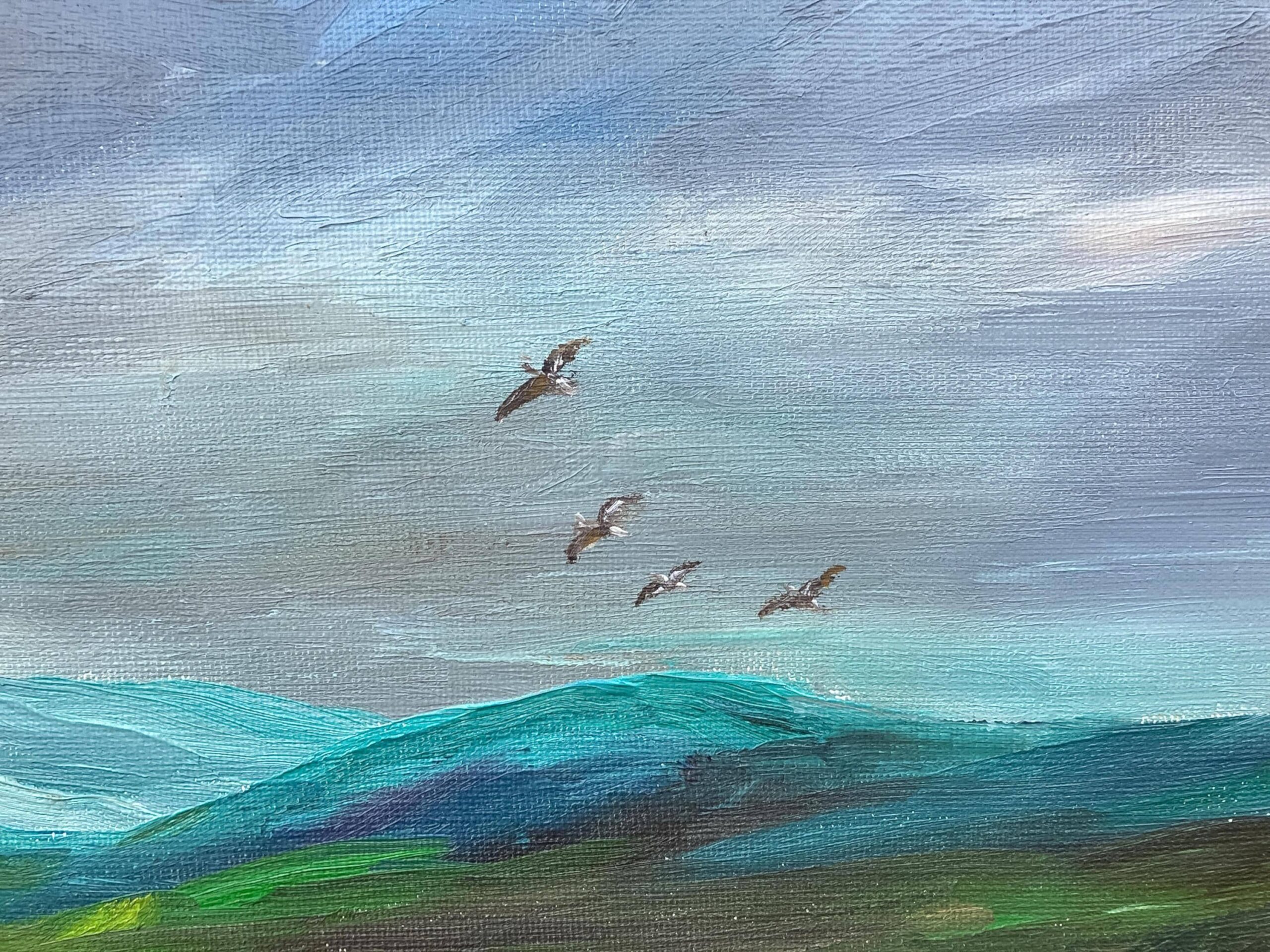 Vintage Danish Landscape Oil Painting, Birds and Dramatic Sky, Signed and dated 1969 - Image 9