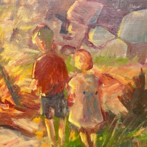 Nis Stougaard Coastal Bonfire Scene Oil Painting Mid-Century Danish Landscape - Image 7
