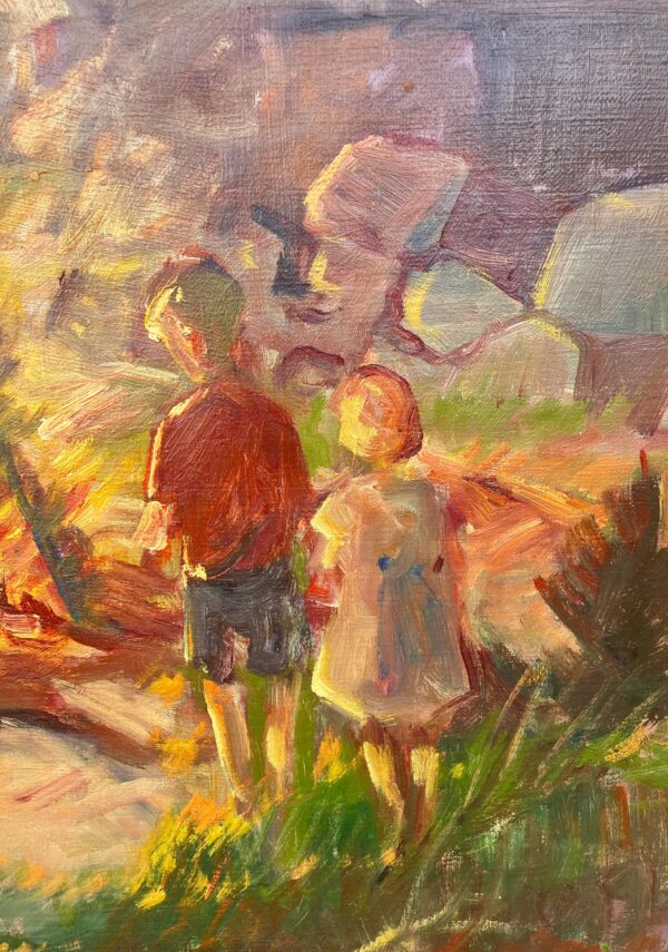 Nis Stougaard Coastal Bonfire Scene Oil Painting Mid-Century Danish Landscape