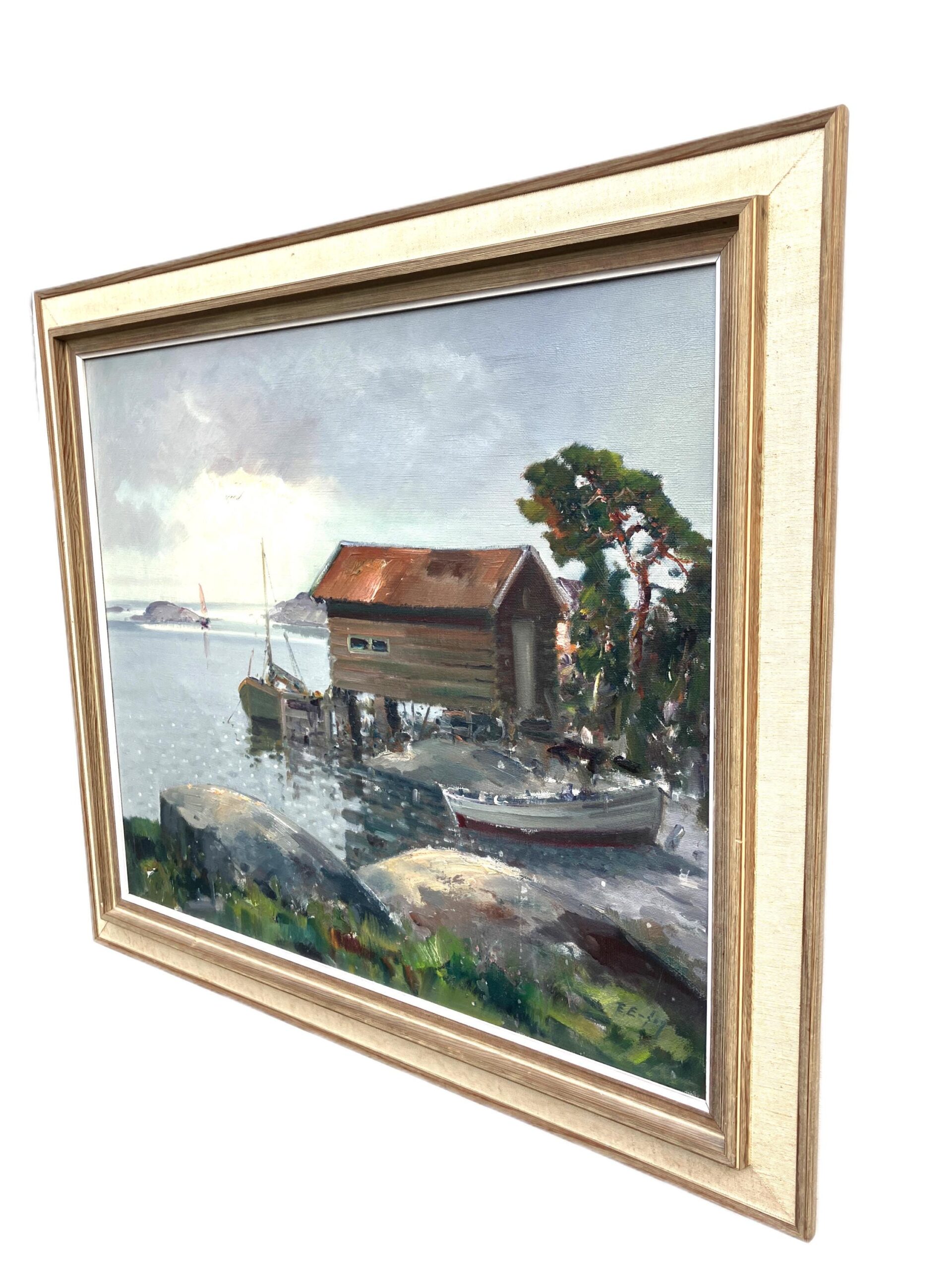 Vintage Scandinavian Coastal Painting, Boathouse Harbor Scene, Oil on Canvas, 1950s - Image 4