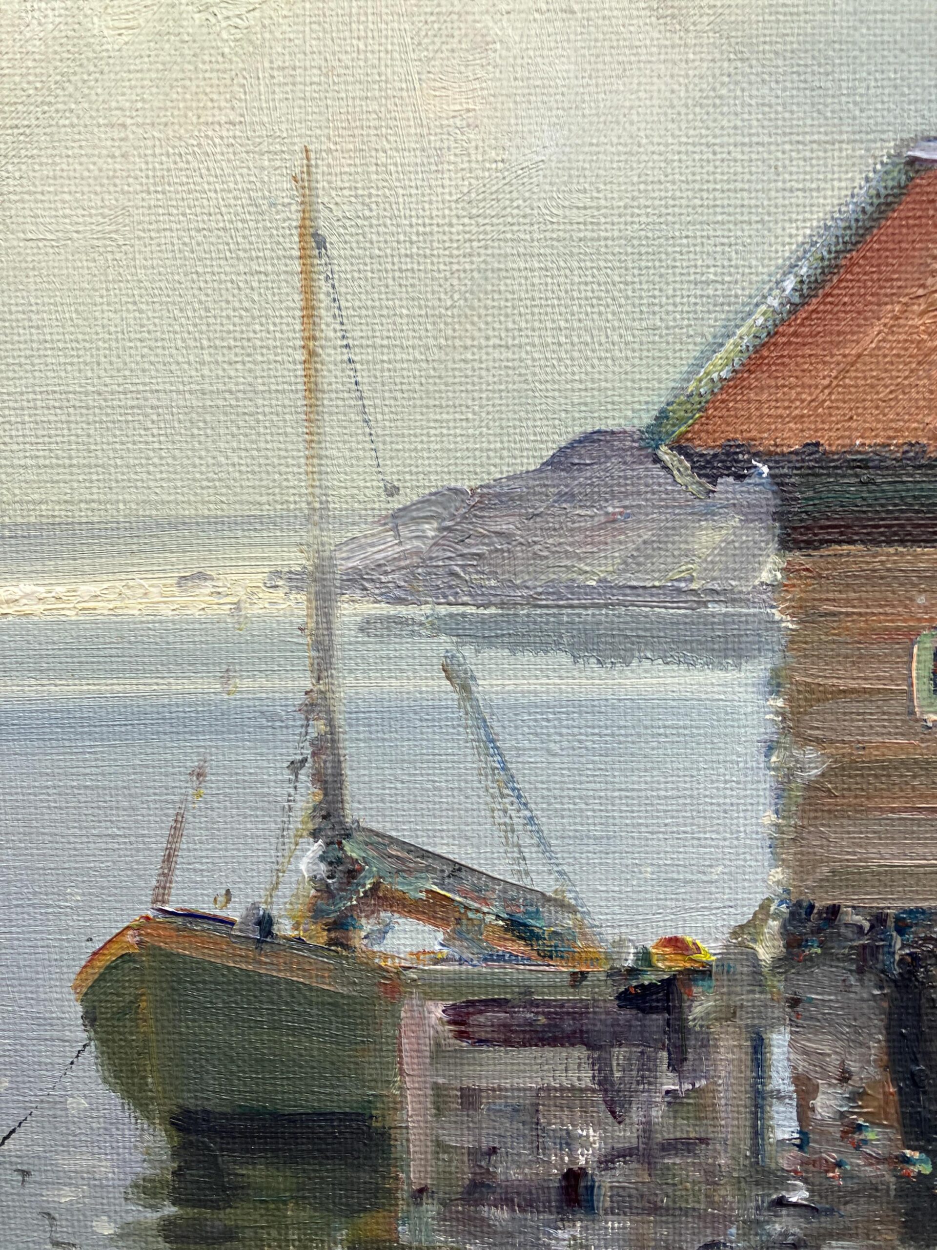 Vintage Scandinavian Coastal Painting, Boathouse Harbor Scene, Oil on Canvas, 1950s - Image 6