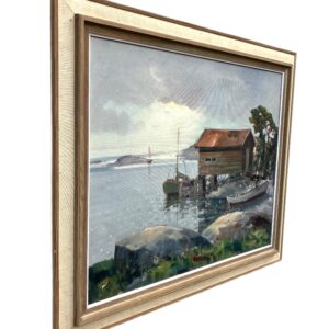 Vintage Scandinavian Coastal Painting, Boathouse Harbor Scene, Oil on Canvas, 1950s - Image 3