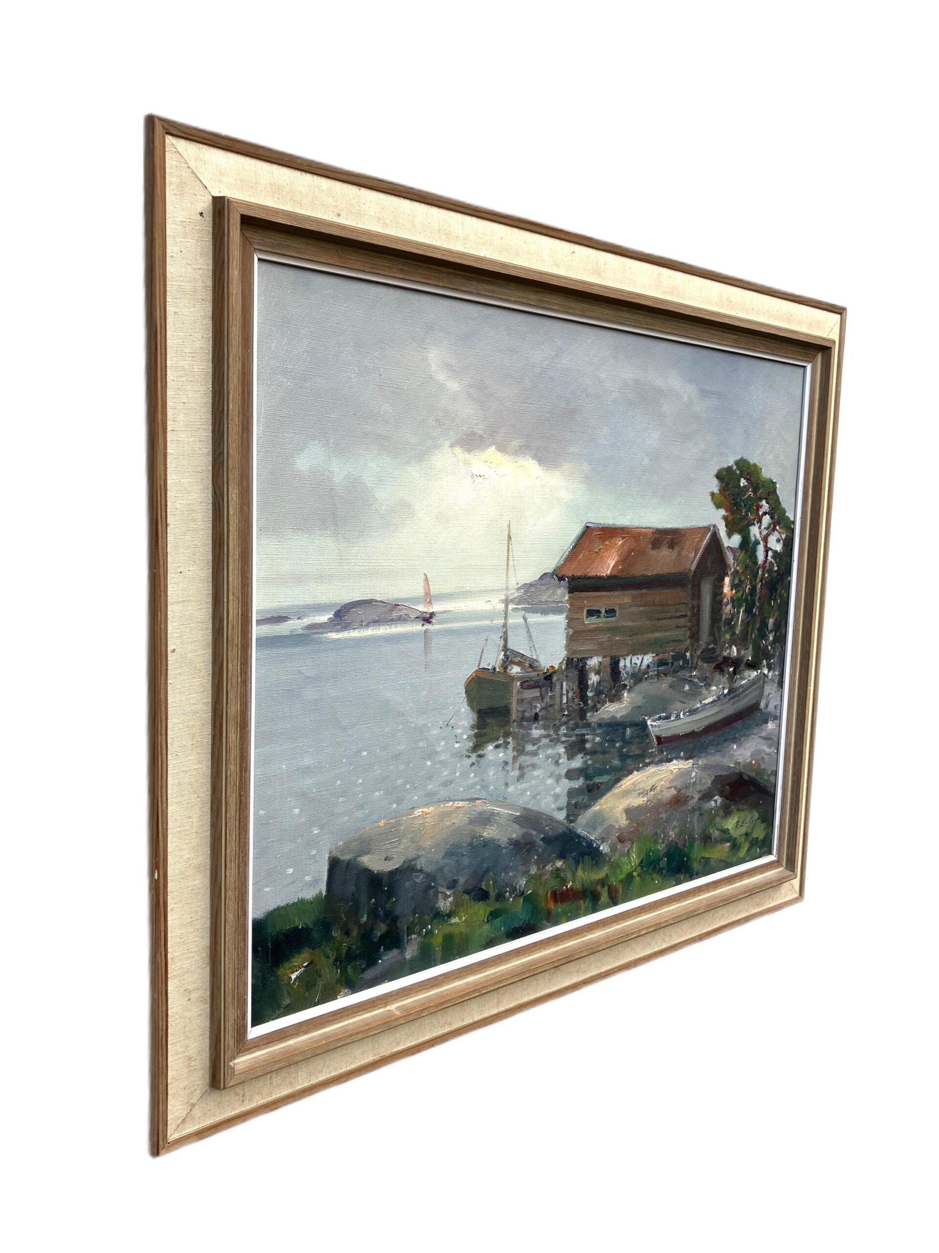 Vintage Scandinavian Coastal Painting, Boathouse Harbor Scene, Oil on Canvas, 1950s - Image 3