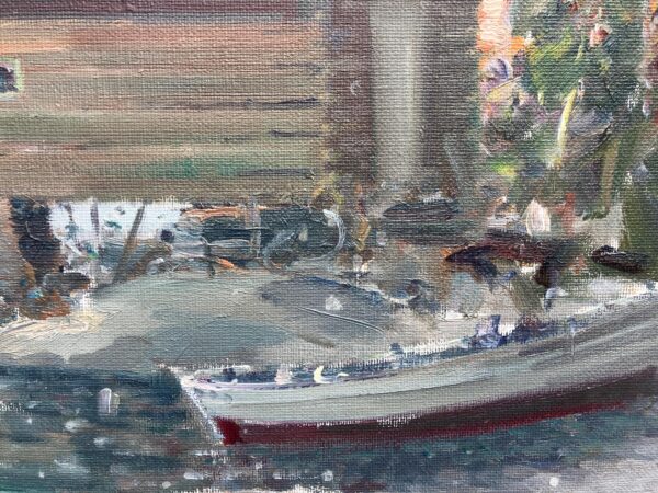 Vintage Scandinavian Coastal Painting, Boathouse Harbor Scene, Oil on Canvas, 1950s