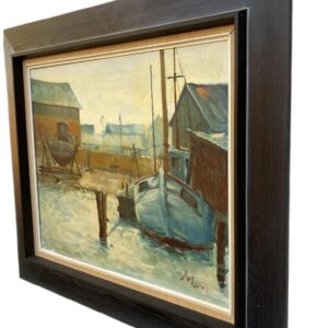 Fishing Boats Harbor Painting, Oil on Canvas, Scandinavian 1960s - Image 5