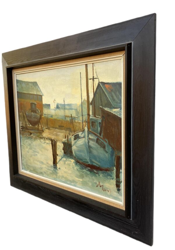 Fishing Boats Harbor Painting, Oil on Canvas, Scandinavian 1960s