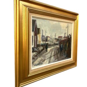 Harbor Scene Oil Painting, Danish Fishing Harbor with Figures, 1970s - Image 3
