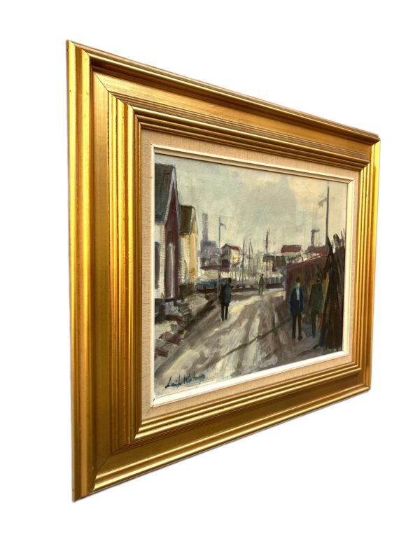 Harbor Scene Oil Painting, Danish Fishing Harbor with Figures, 1970s