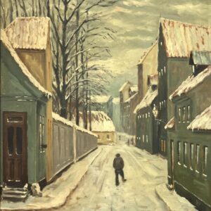 Scandinavian Street Scene Painting – Aalborg 1928 Skolegade – Danish Vintage Oil Painting - Image 5