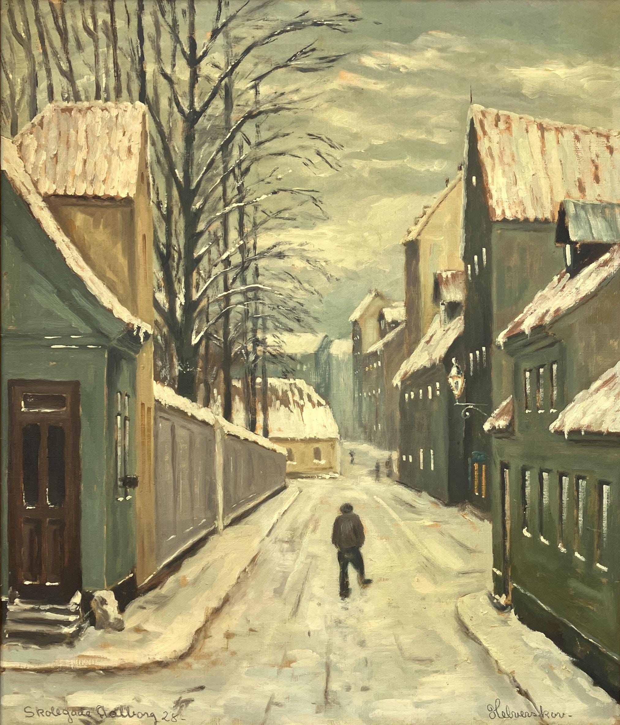 Scandinavian Street Scene Painting – Aalborg 1928 Skolegade – Danish Vintage Oil Painting - Image 5