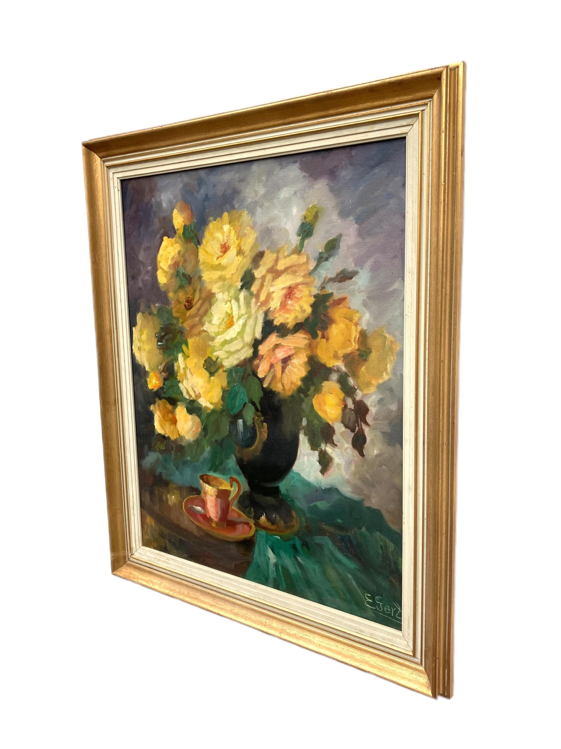Vintage Danish Floral Oil Painting – Mid Century Scandinavian Still Life Art - Image 7