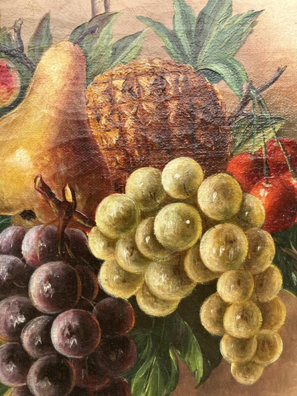 Antique European Fruit Still Life Oil Painting – Grapes, Pear, Cherries, Pineapple 1908