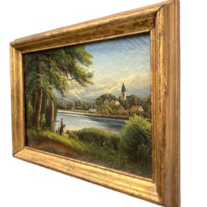 Antique European Lake Landscape Oil Painting – Romantic Village Scene 1894 - Image 9