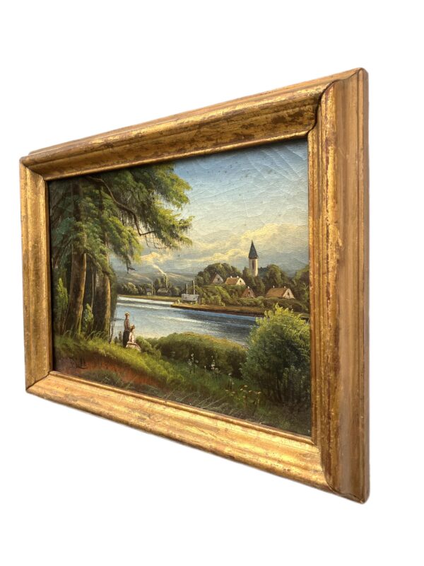 Antique European Lake Landscape Oil Painting – Romantic Village Scene 1894