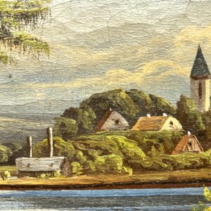 Antique European Lake Landscape Oil Painting – Romantic Village Scene 1894 - Image 6